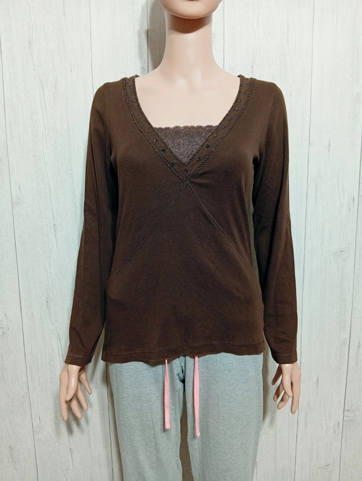 Pull fin femme col V - taille M/38- M&S Mode - couleur marron