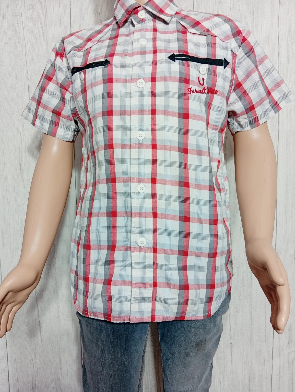 Chemise manche courte garcon-Taille 8 ans -Basic One - couleur blanc gris rouge – Basic One – taille 8 ans / 128 cm 3