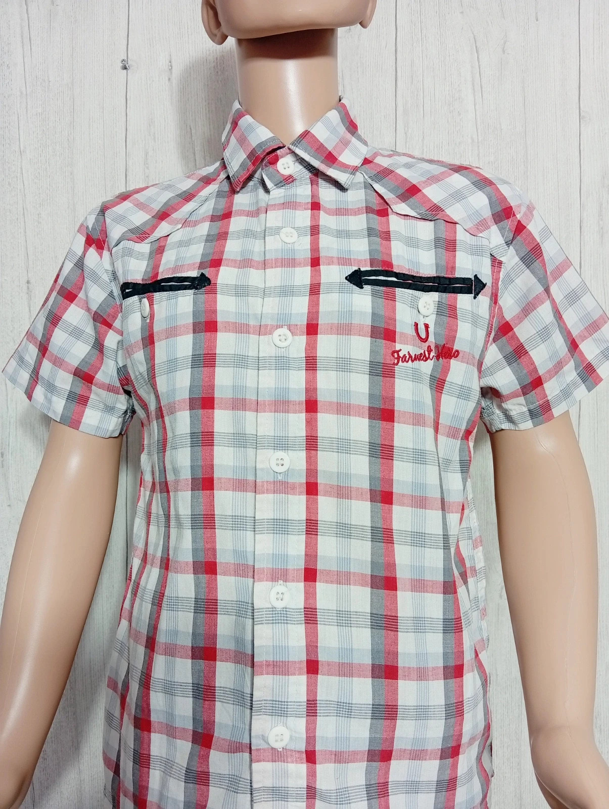 Chemise manche courte garcon-Taille 8 ans -Basic One - couleur blanc gris rouge – Basic One – taille 8 ans / 128 cm 2