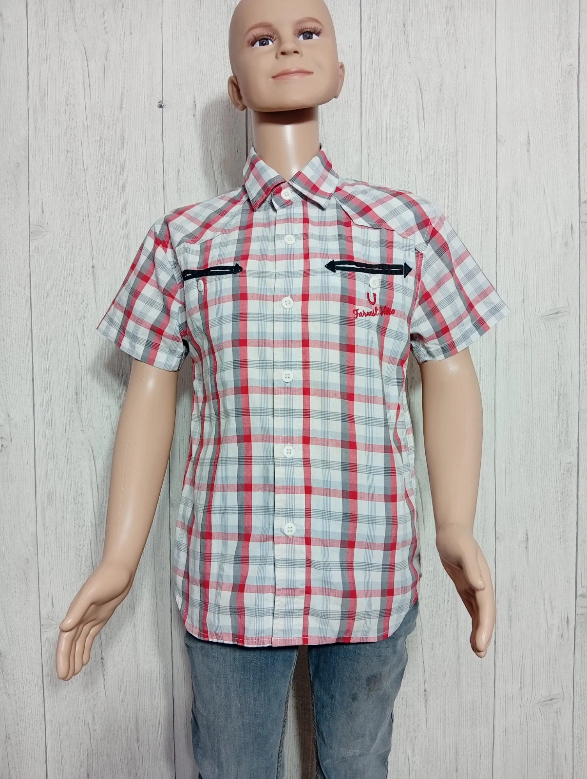Chemise manche courte garcon-Taille 8 ans -Basic One - couleur blanc gris rouge