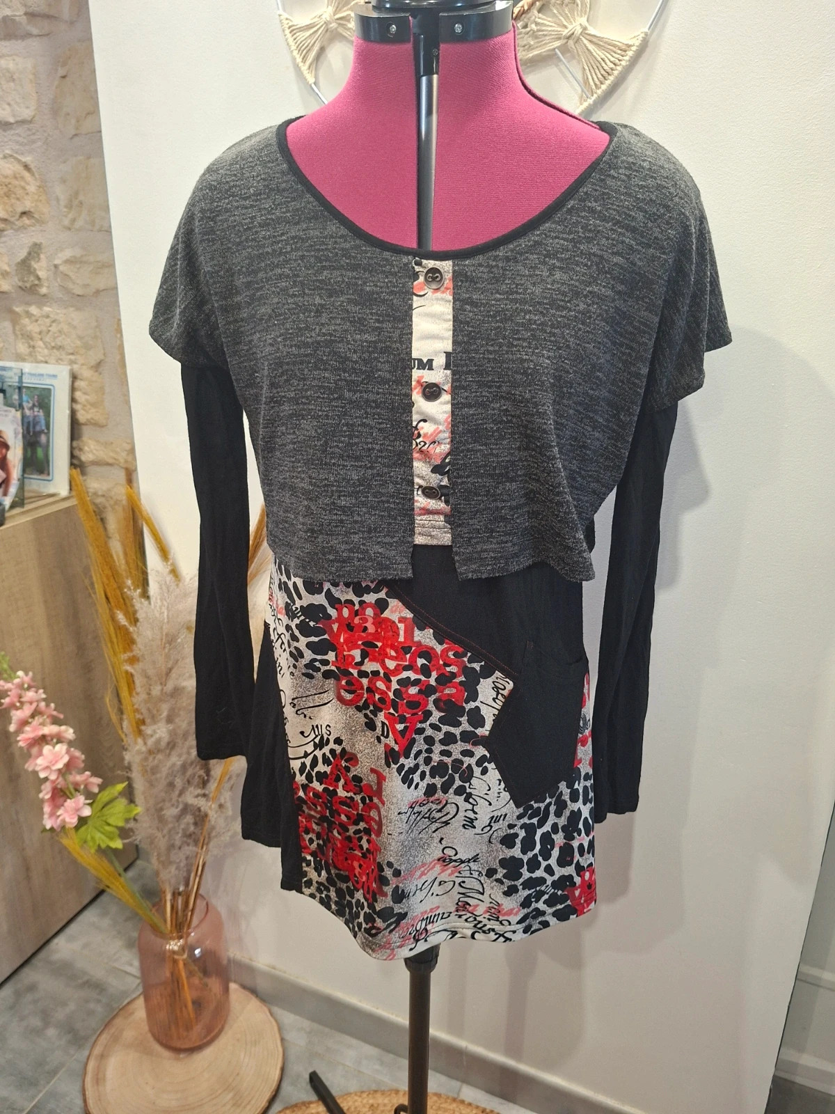 Blouse Influx femme 42/44 – effet 2 en 1 gris, noir, rouge