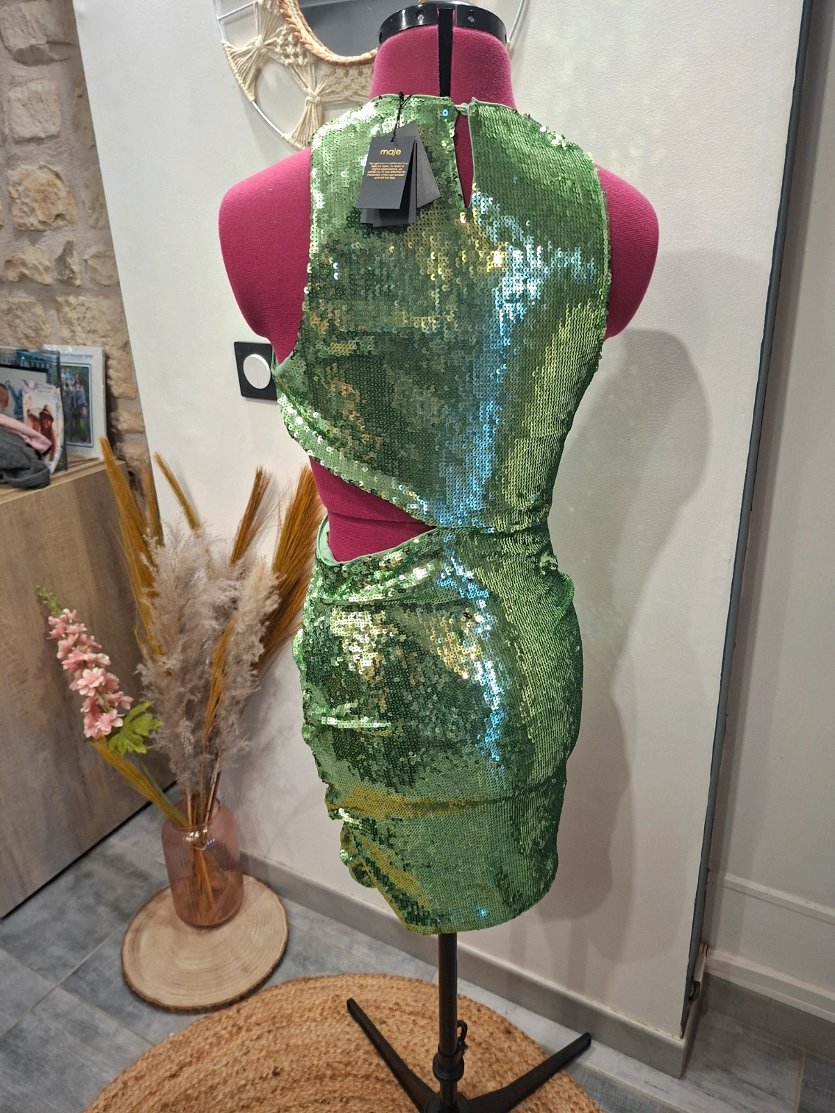 Robe MAJE verte à sequins découpes – T36 – Neuve avec étiquette – Maje – taille S / 36 / 8 5
