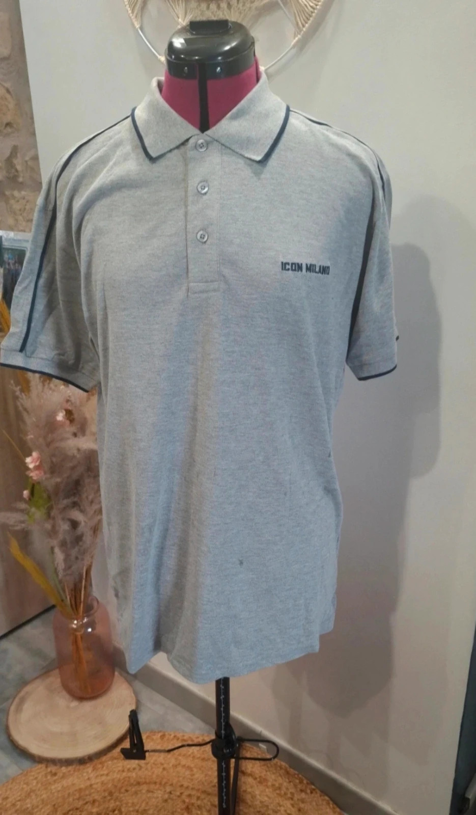 Polo homme Icon Milano gris chiné col contrasté taille L neuf