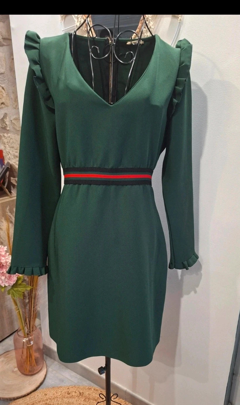 Robe verte élégante Holly & Joey T2 – volants – made in France