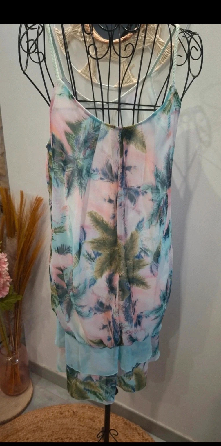 Robe Cache-Cache 38 tropicale palmiers rose turquoise pastel – taille M / 38 / 10 4