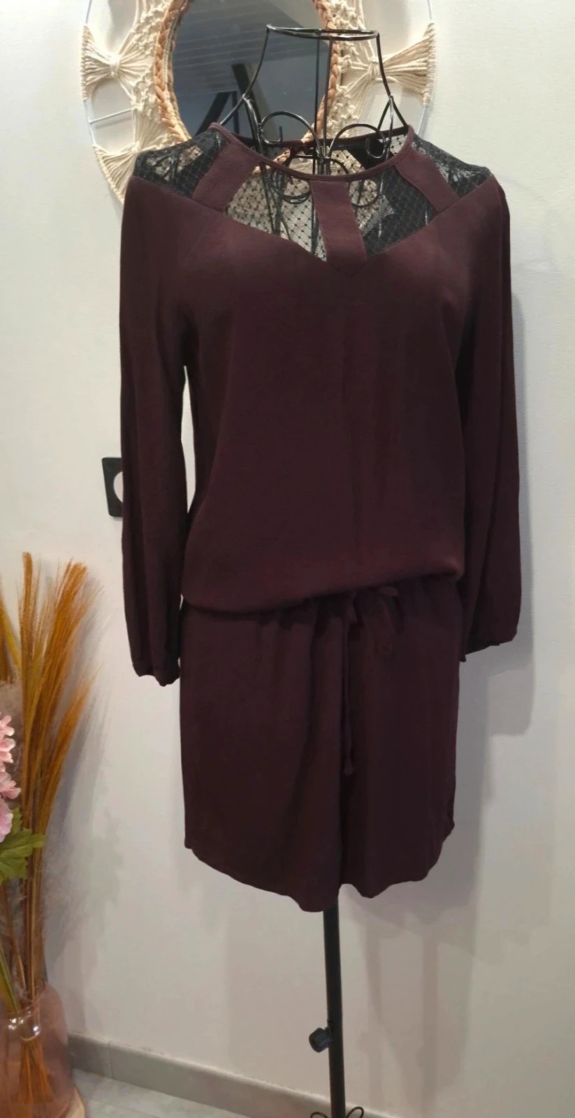 Robe IKKS Women bordeaux prune manches longues dentelle noire – IKKS – taille L / 40 / 12