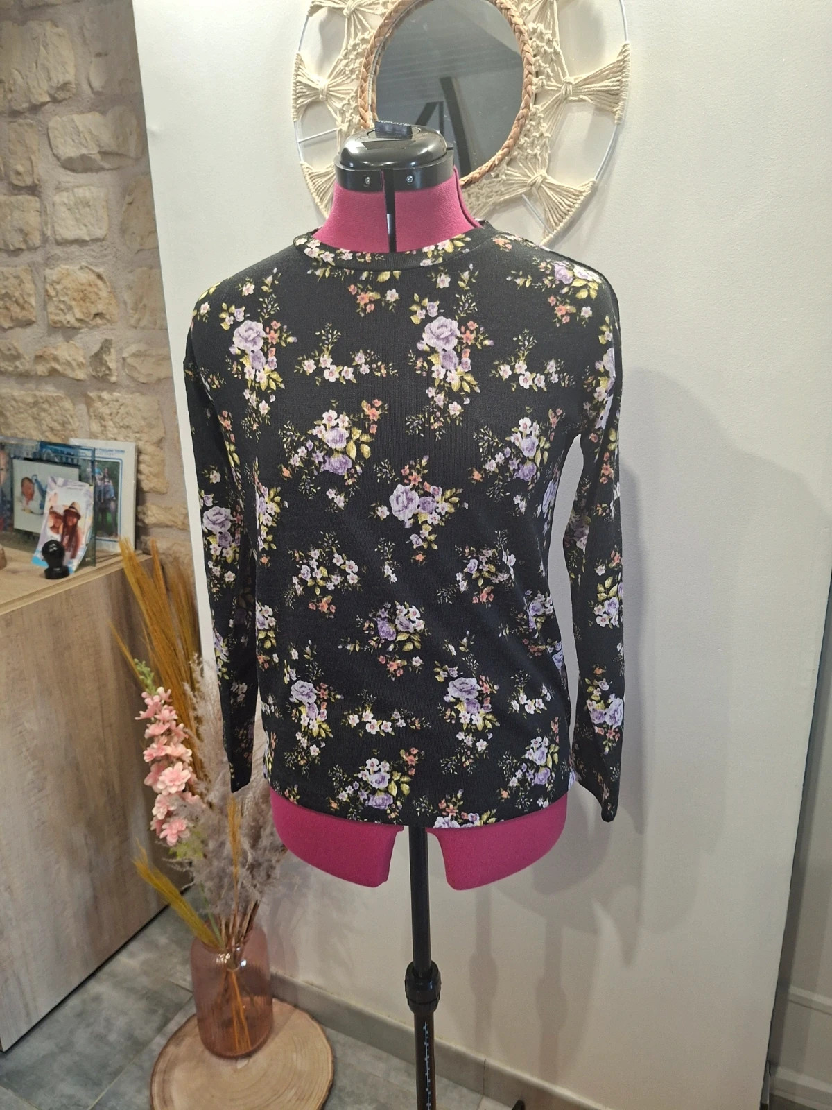 Blouse Terranova femme M noire imprimé floral violet rose