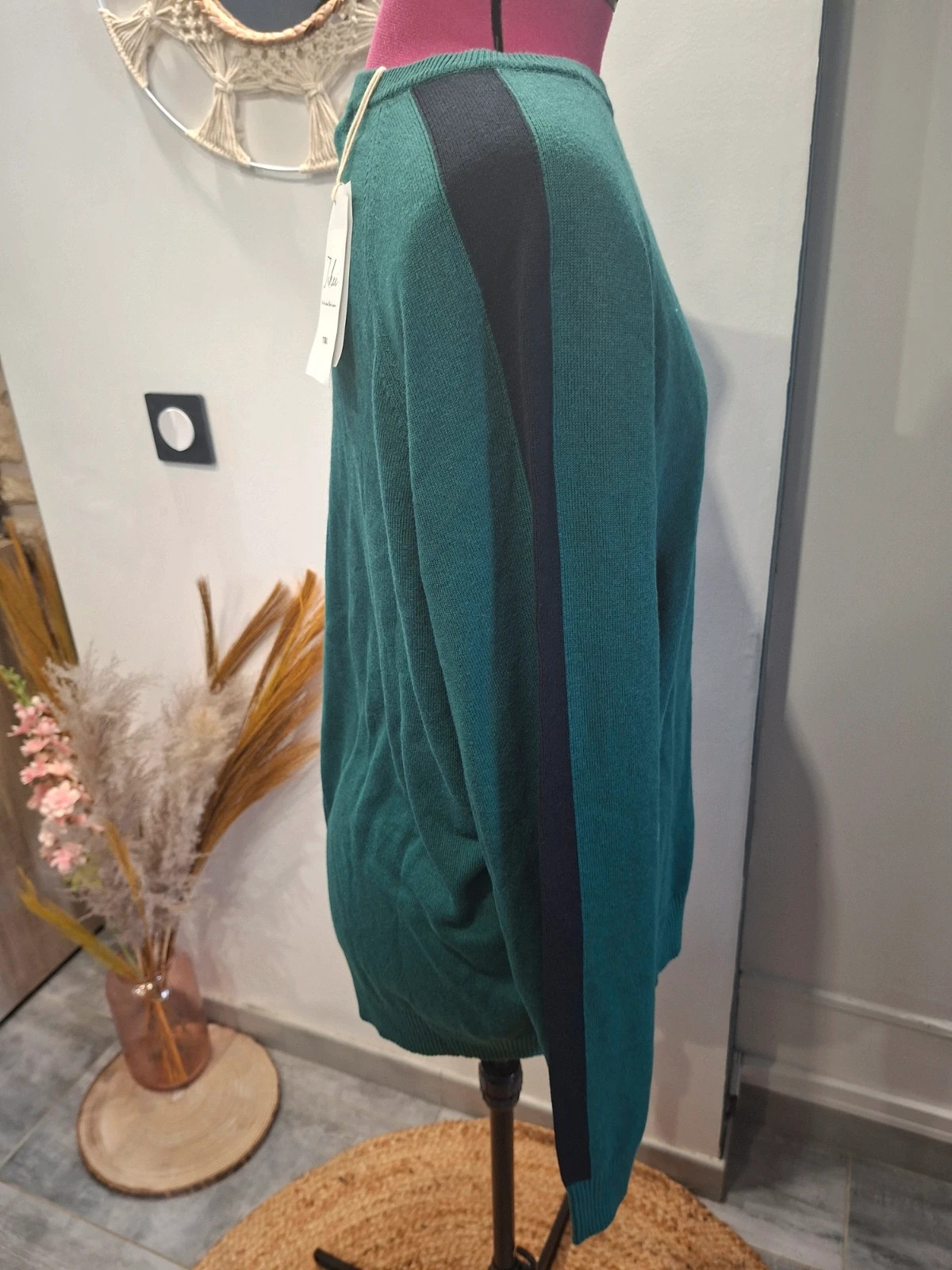 Pull vert fonce / vert bouteille & bande noire Takei - Neuf avec étiquette - Taille XL (70% Bambou) – Takie Same – taille XL 2