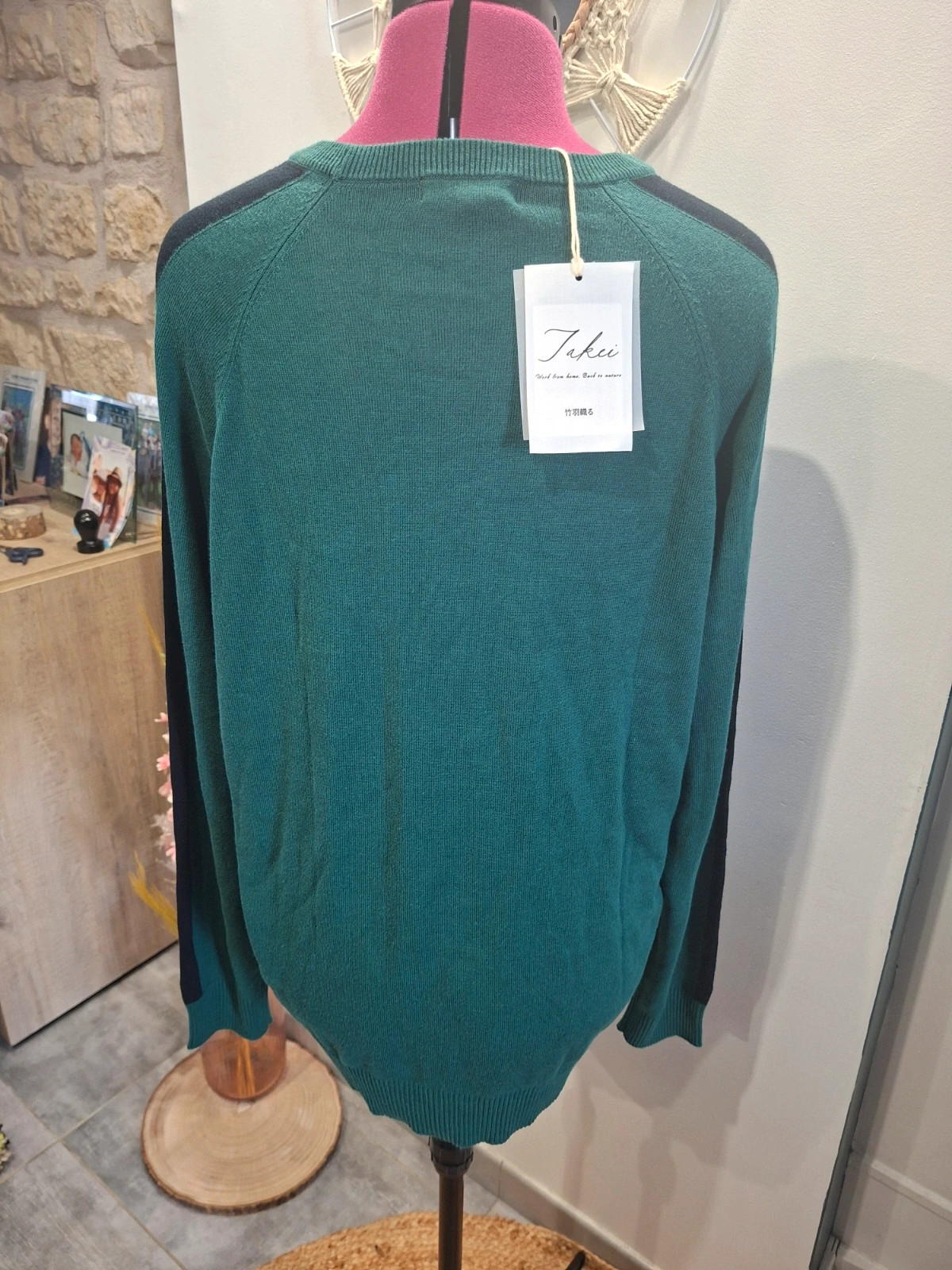 Pull vert fonce / vert bouteille & bande noire Takei - Neuf avec étiquette - Taille XL (70% Bambou) – Takie Same – taille XL 3