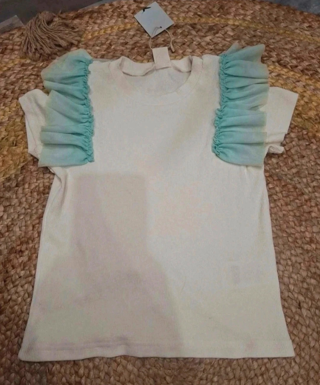 T-shirt fille écru manches bouffantes bleu turquoise – Grimora 6/7 ans – grimora – taille 6 ans / 116 cm