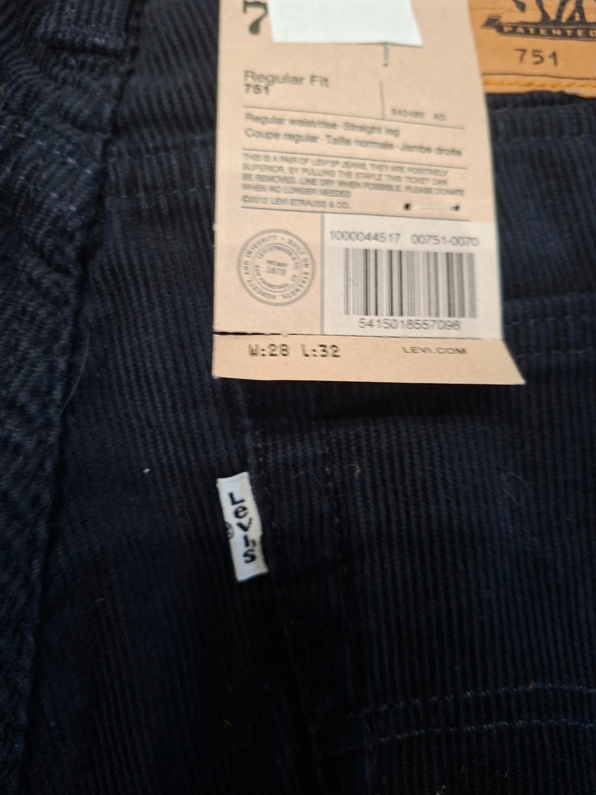 Pantalon velours côtelé Levi’s 751 Regular Fit - Noir - Neuf avec étiquette - W28 L32 – Levi's – taille S / 36 / 8 5