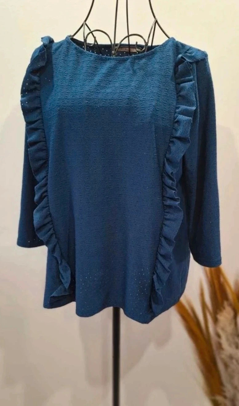 Blouse bleu canard Camaïeu XL (42/44) Volants & Broderie anglaise – Camaïeu – taille XL / 42 / 14