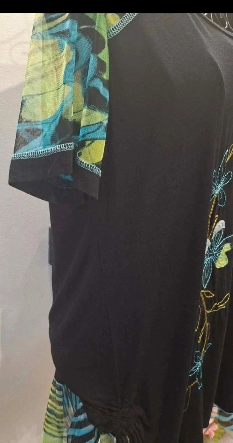 Tunique / Haut bimatière Halogene Paris noir & motifs bleus/verts - Taille XL (42/44) – Halogène – taille XL / 42 / 14 3