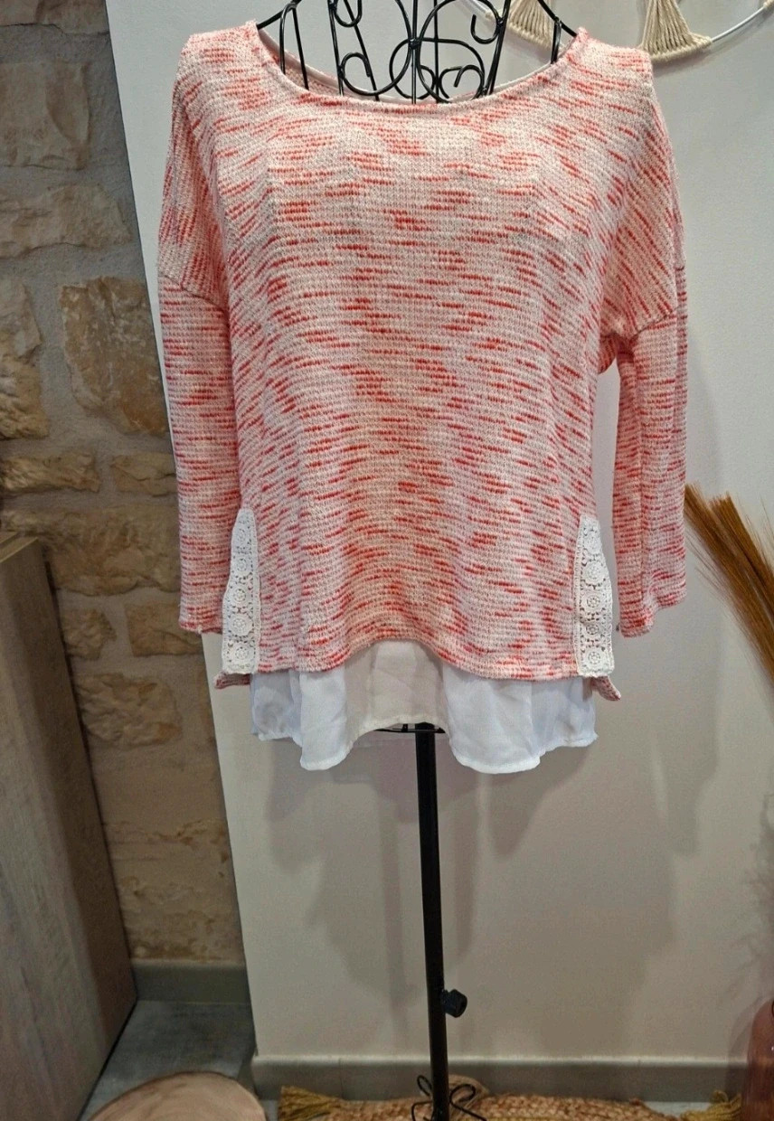 Pull léger 2-en-1 effet superposé BRÉAL Blanc & corail / fils liseurs brillant