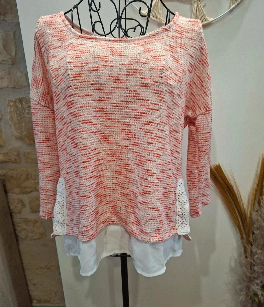Pull léger 2-en-1 effet superposé BRÉAL Blanc & corail / fils liseurs brillant – Bréal – taille M / 38 / 10 2