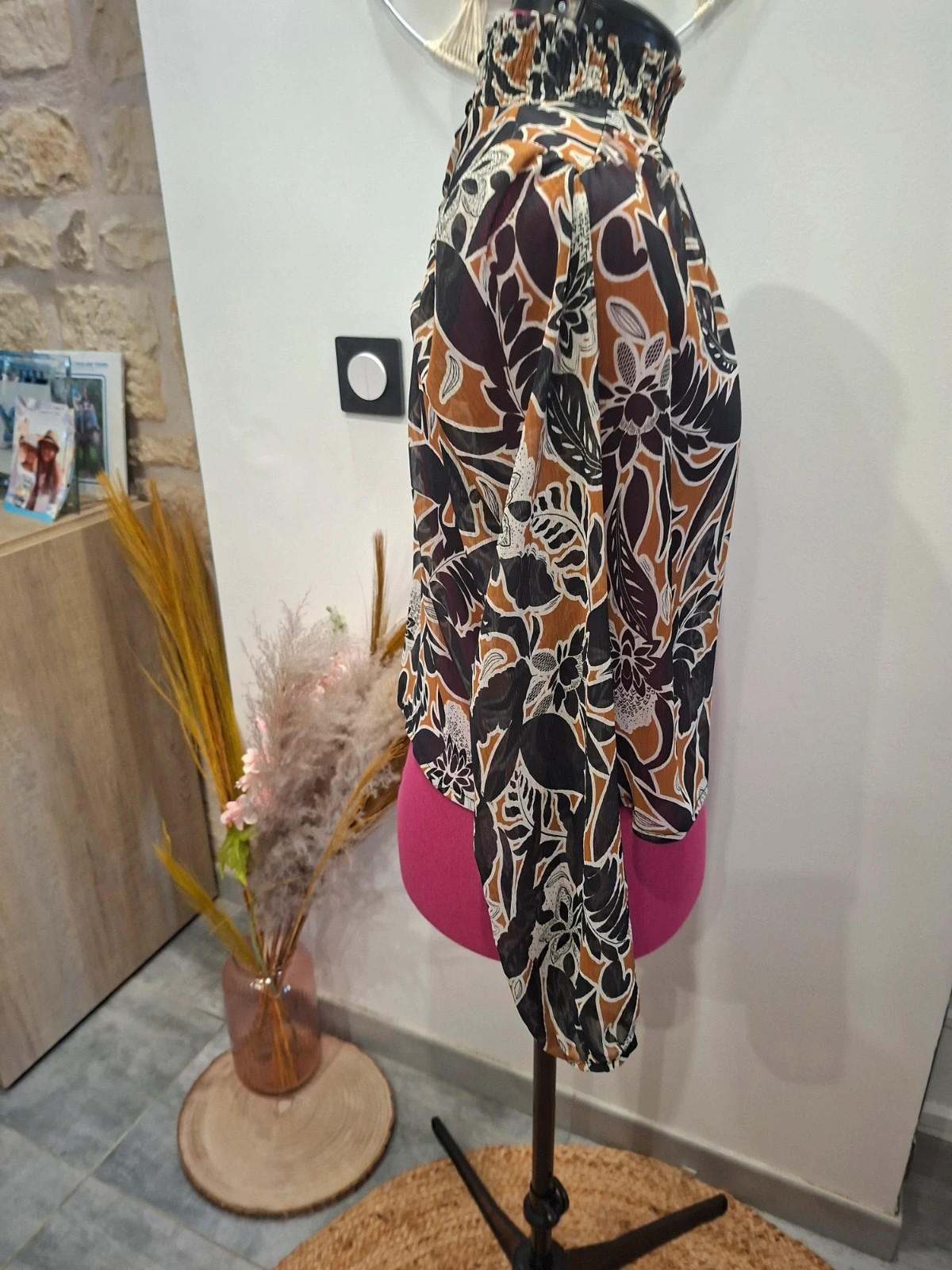 Blouse fluide col montant froncé Imprimé Tropical / Feuillage - Taille M (Très Bon État) – taille M / 38 / 10 2