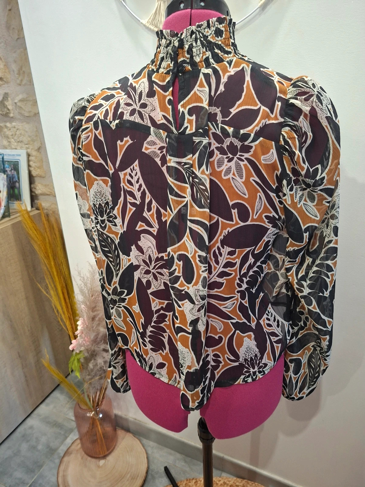 Blouse fluide col montant froncé Imprimé Tropical / Feuillage - Taille M (Très Bon État) – taille M / 38 / 10 3
