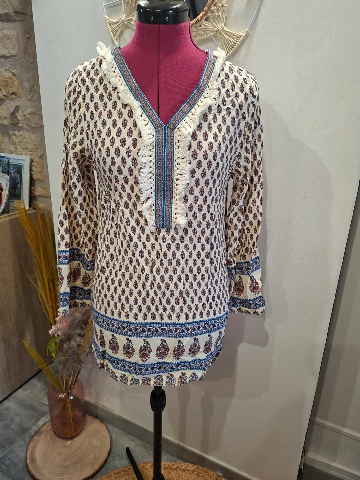 Tunique / Blouse bohème MEISÏE imprimée & franges - Taille S (36)