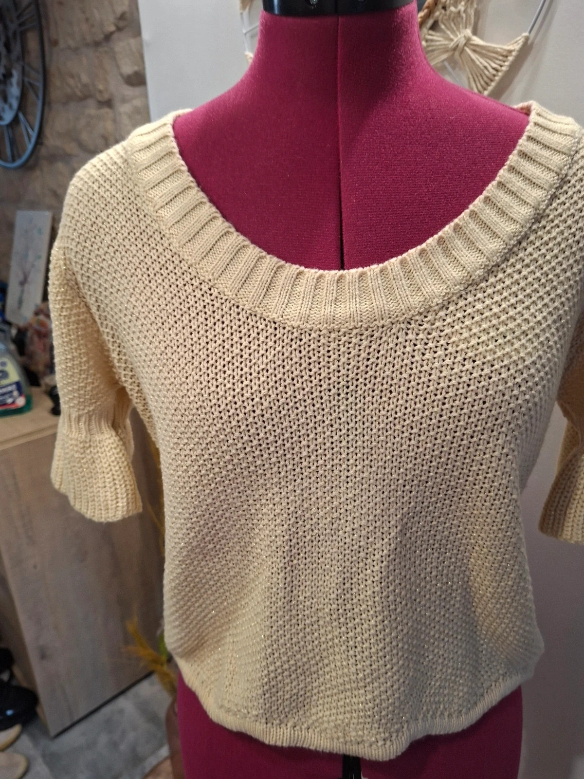 Pull fin beige irisé doré à manches volants S 36 – taille S / 36 / 8 2