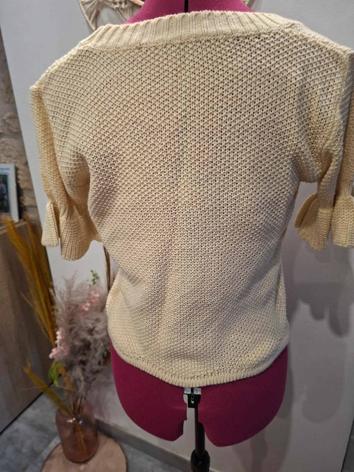 Pull fin beige irisé doré à manches volants S 36 – taille S / 36 / 8 4