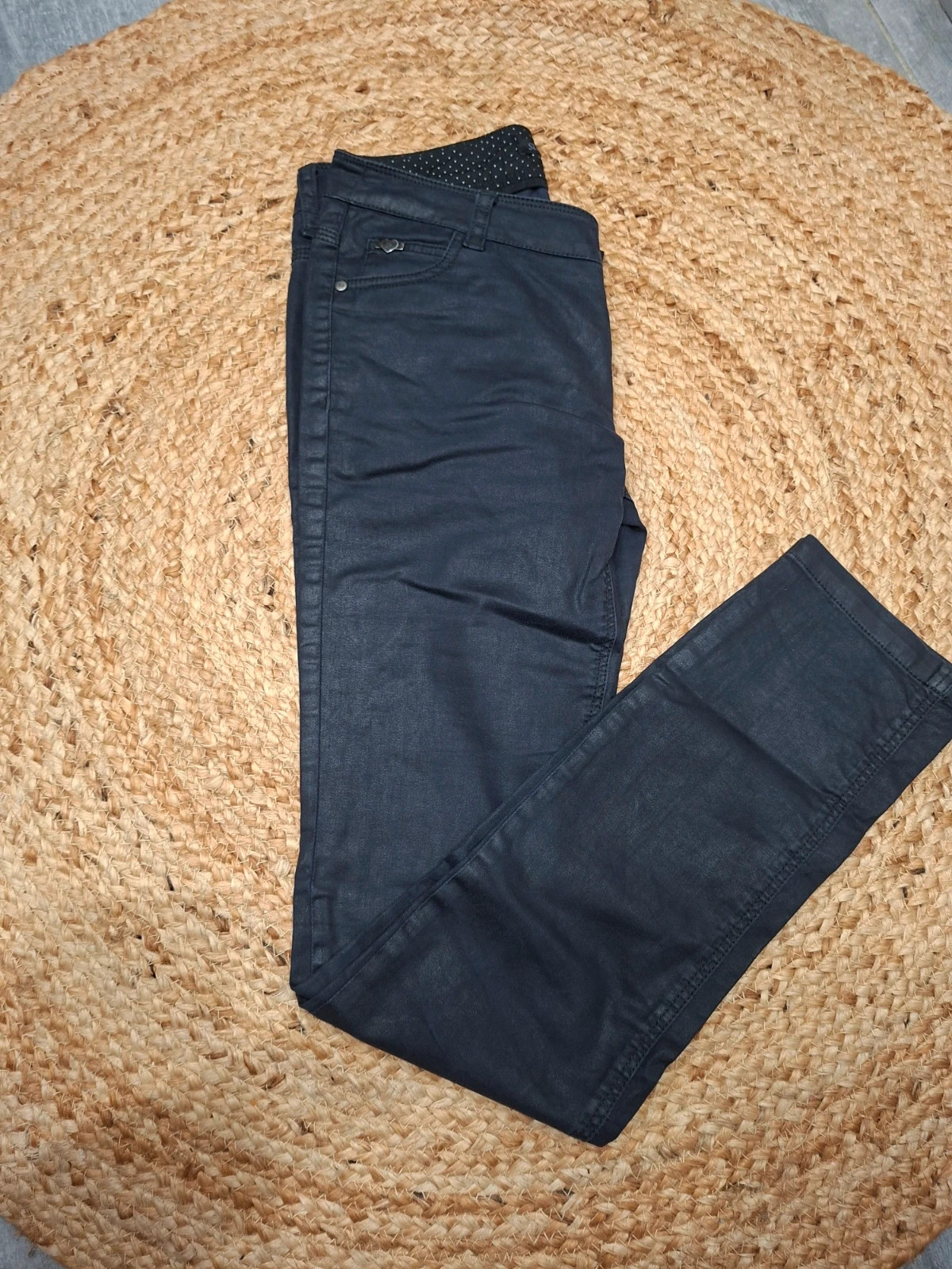 Pantalon slim enduit IKKS bleu nuit S 36 effet cuir rock