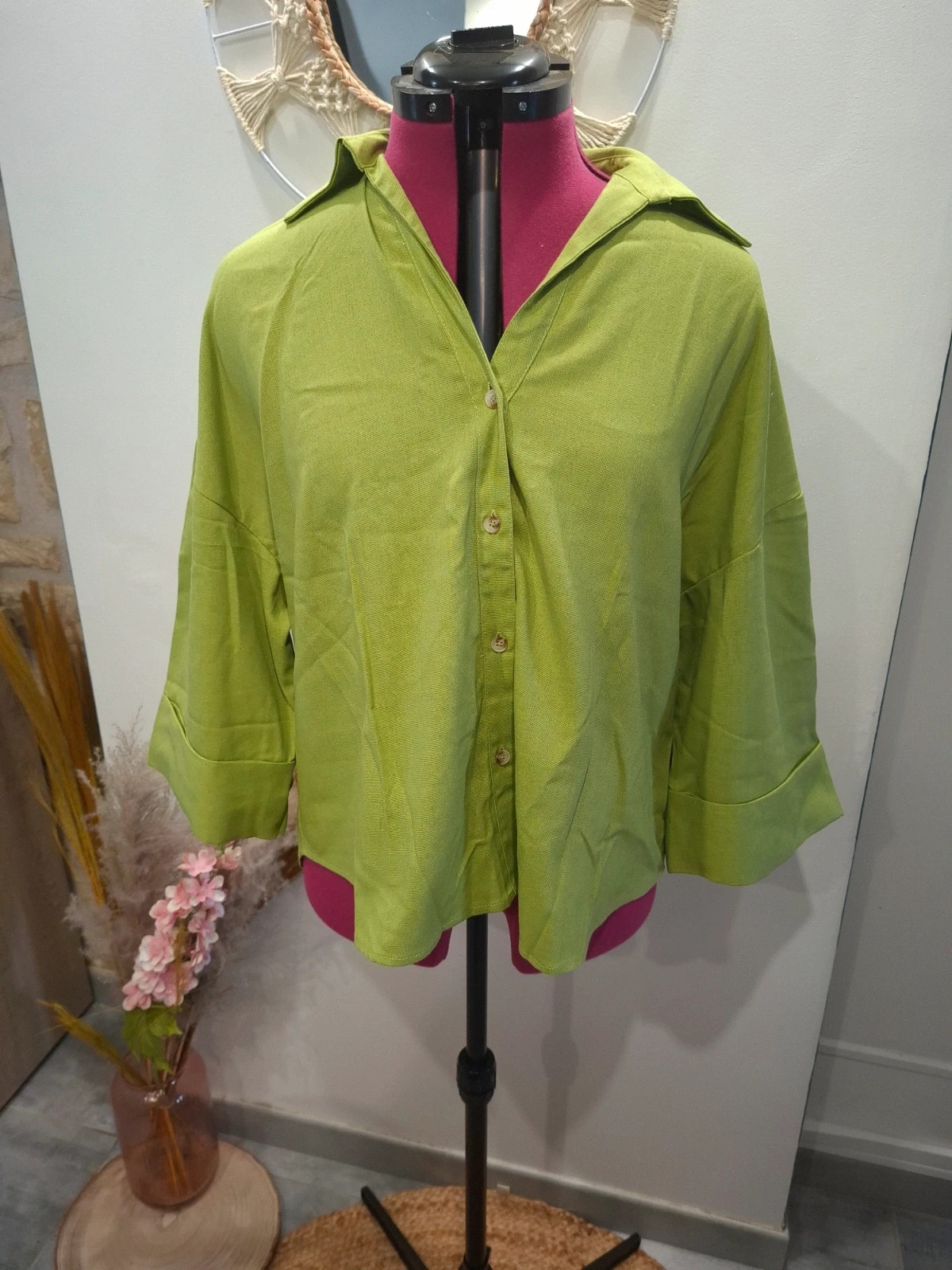 Blouse chemise fluide vert anis L oversize femme chic – taille L / 40 / 12