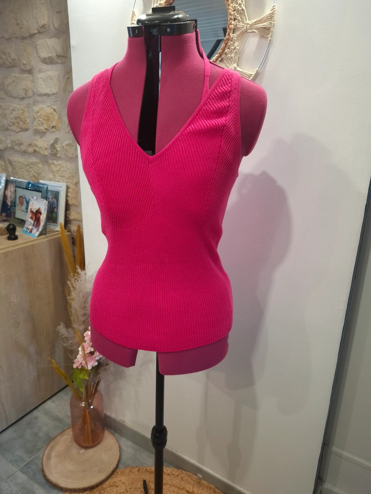 Top dos nu fuchsia en maille côtelée Esprit - Neuf avec étiquette - Taille XL / L