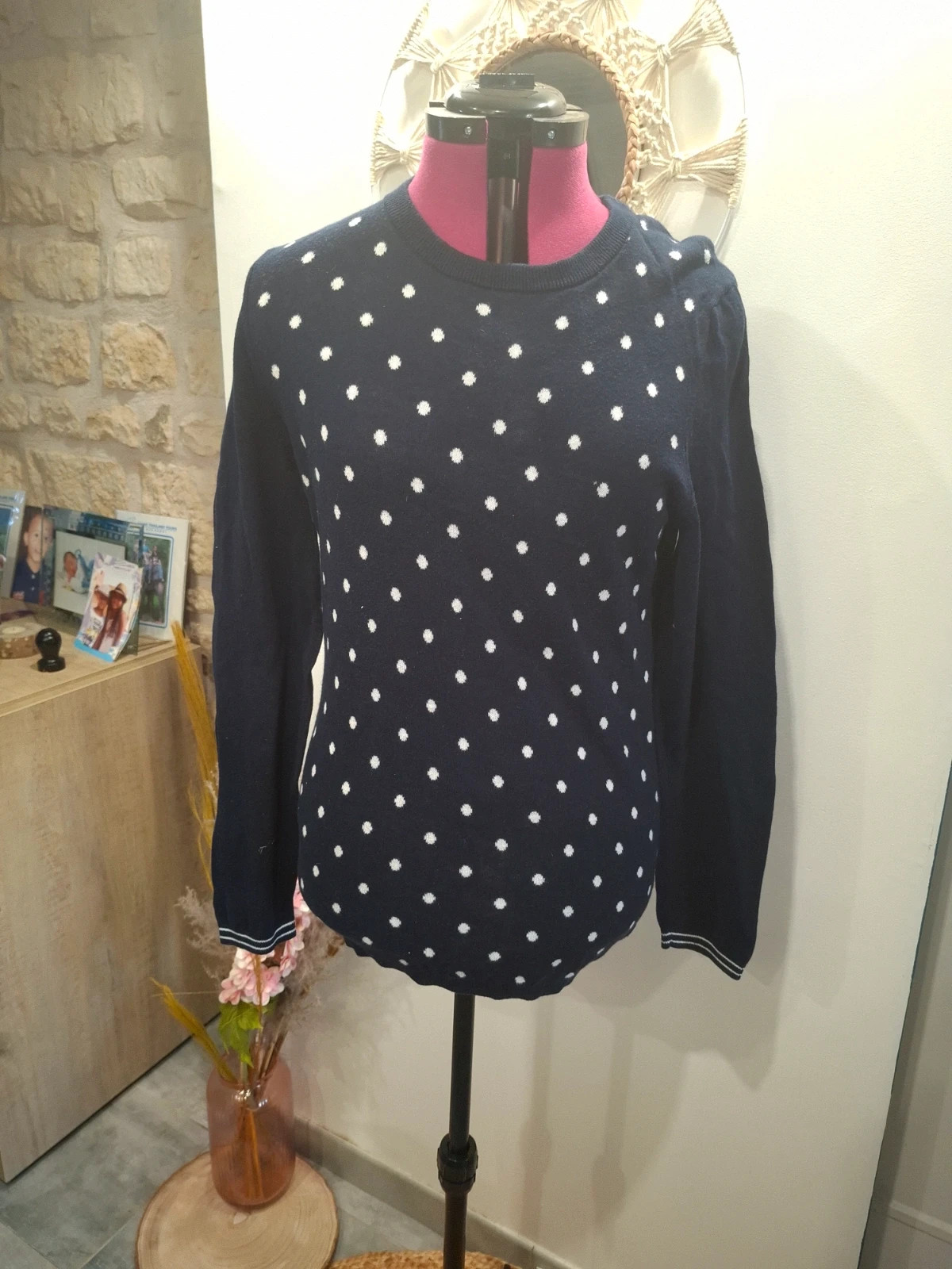 Pull Tommy Hilfiger marine à pois blancs 100% coton L/40 preppy chic – Tommy Hilfiger – taille L / 40 / 12