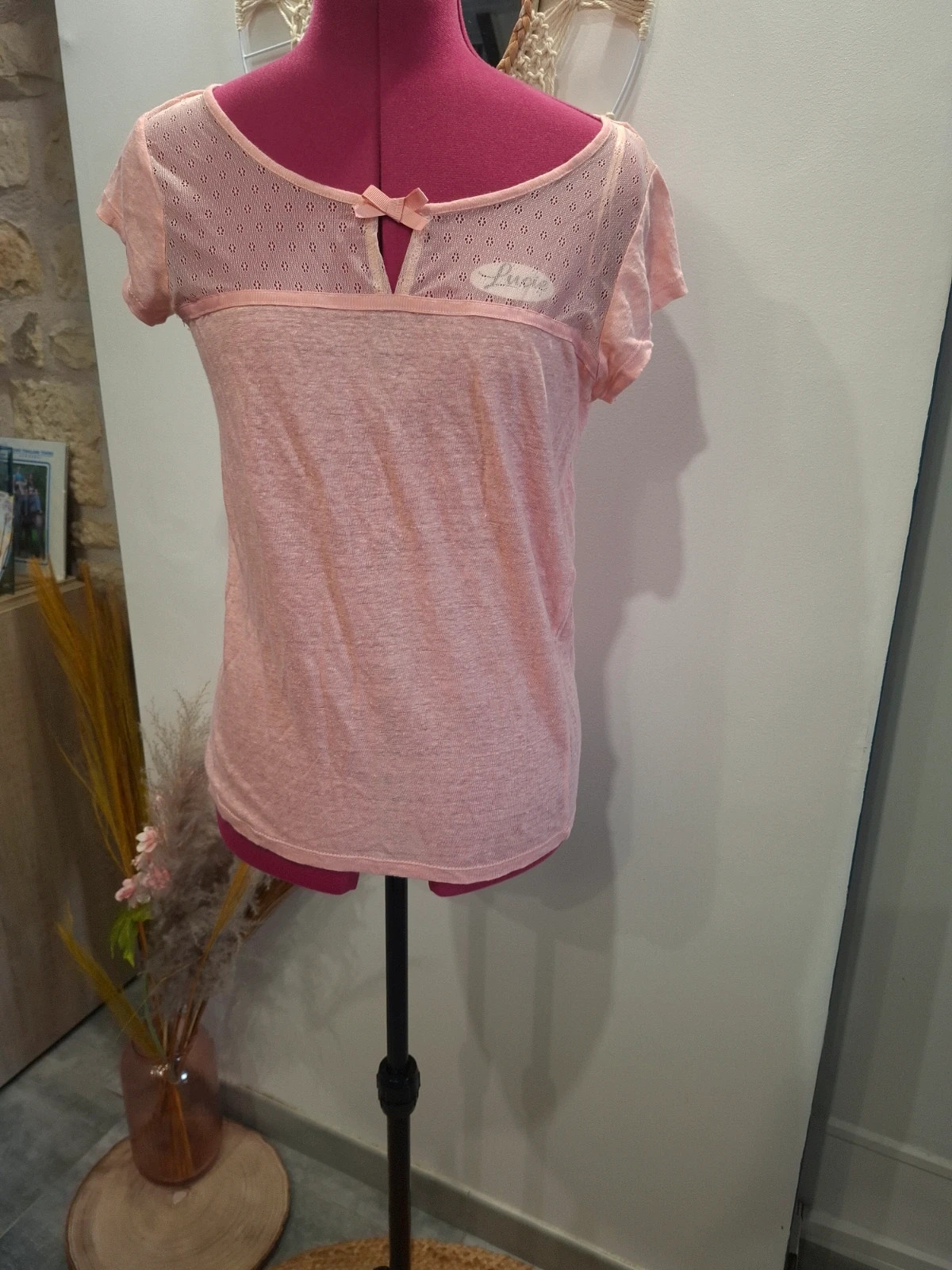 T-shirt rose 100% lin Naf Naf - Taille M - Élastique & Dentelle – Naf Naf – taille M / 38 / 10