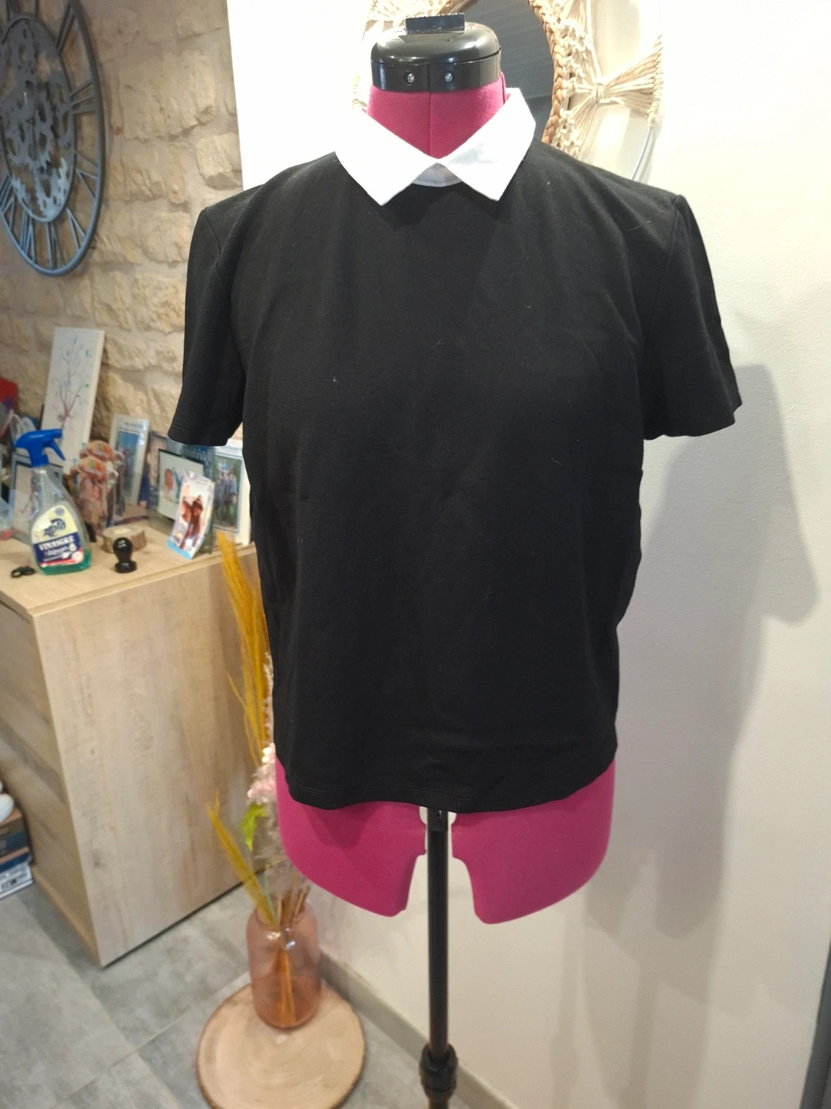 T-shirt noir Jennyfer col Claudine blanc M/38 – style preppy chic – Jennyfer – taille M / 38 / 10