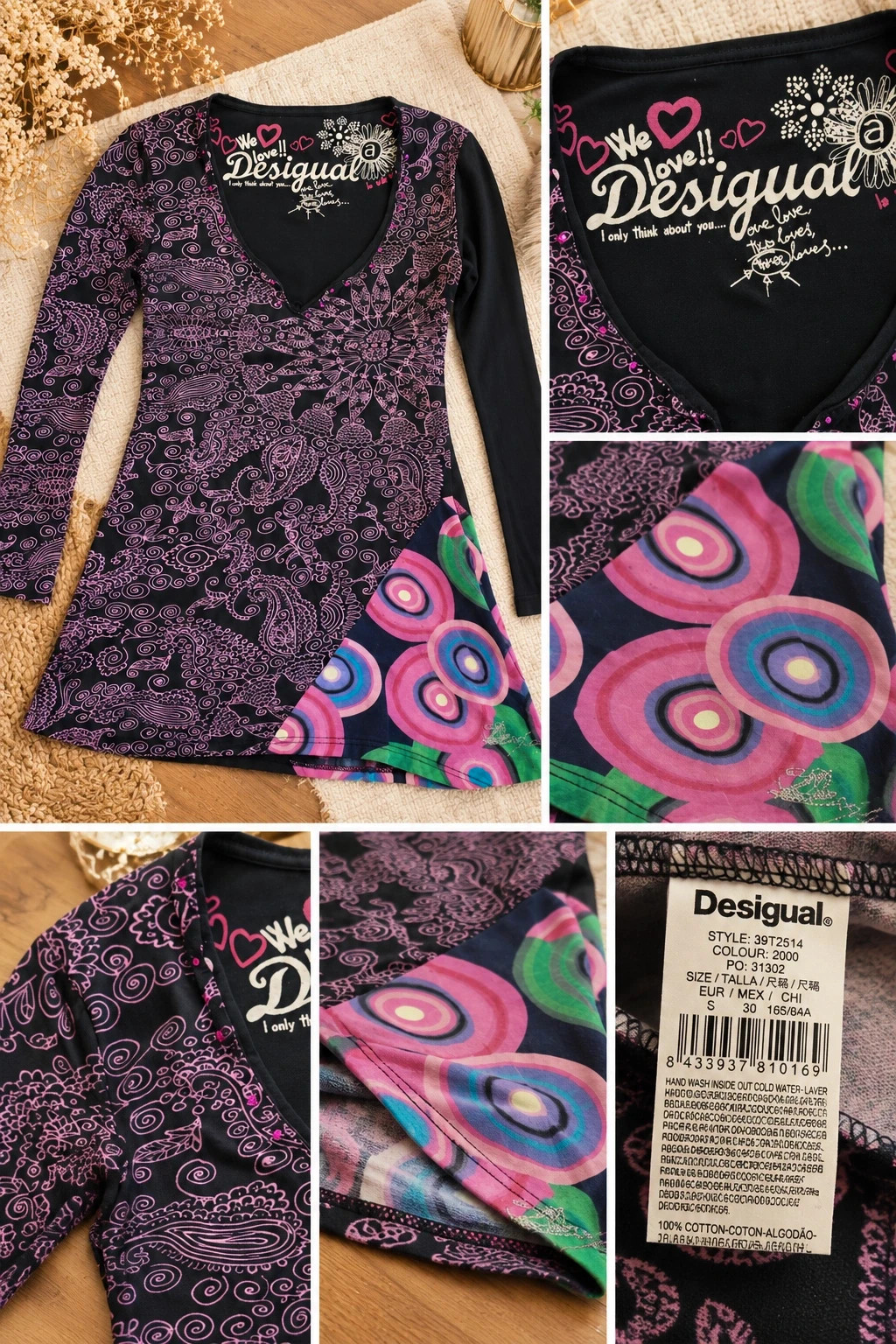Tunique longue noire et rose Desigual – Paillettes / Mandalas – Taille S – Desigual – taille S / 36 / 8 2
