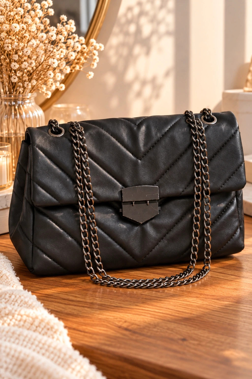 Sac à main matelassé noir à chevrons (Sans marque visible)