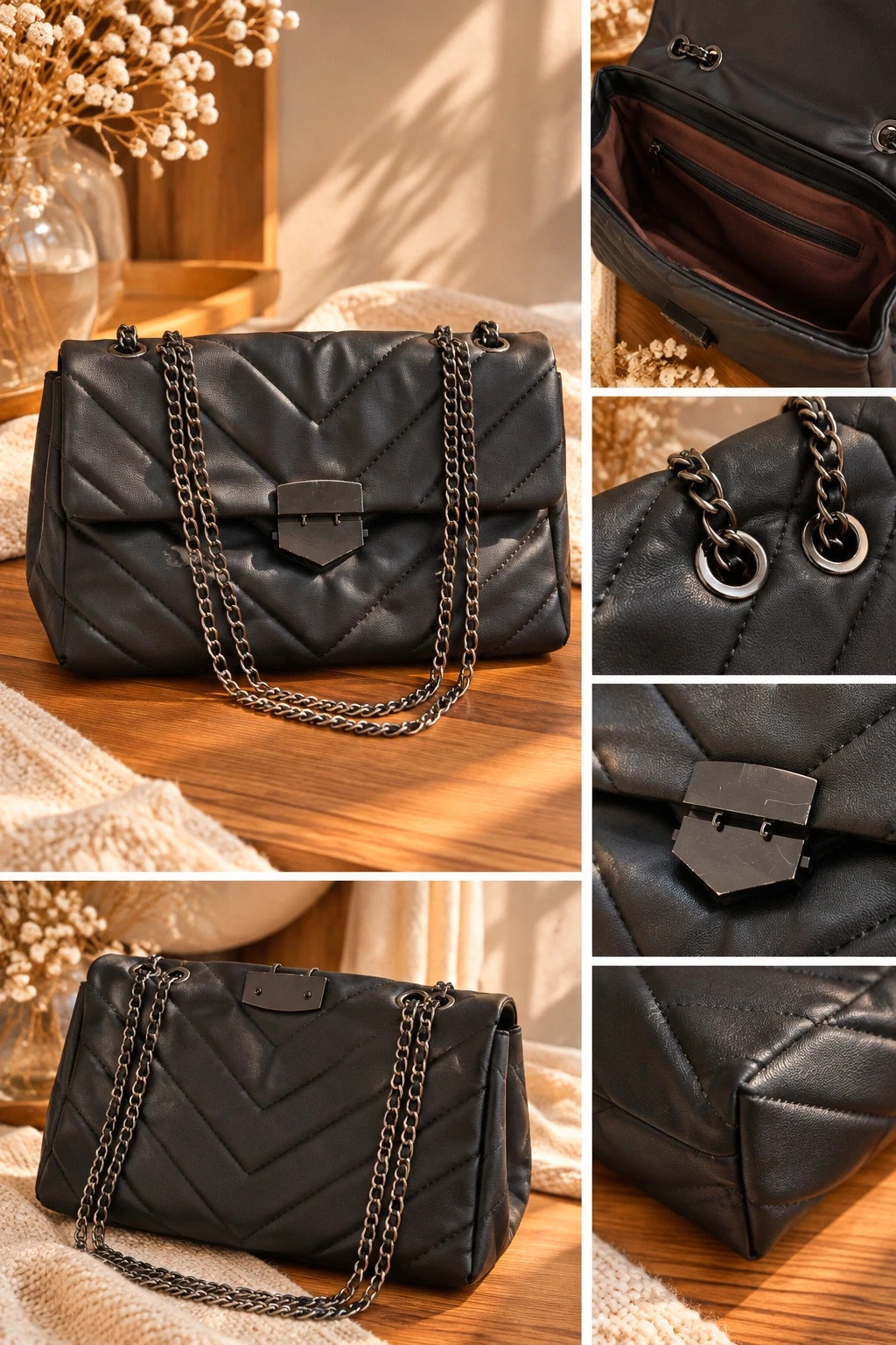 Sac à main matelassé noir à chevrons (Sans marque visible) – Tendance 2