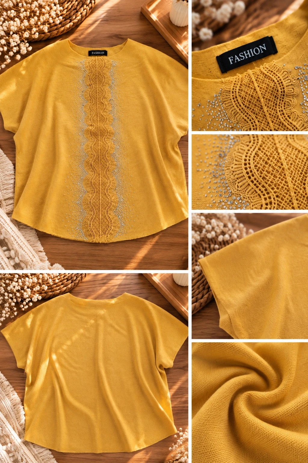 Pull moutarde avec dentelle et strass (Fashion – Taille Unique / Medium) – Fashion – taille M / 38 / 10 2