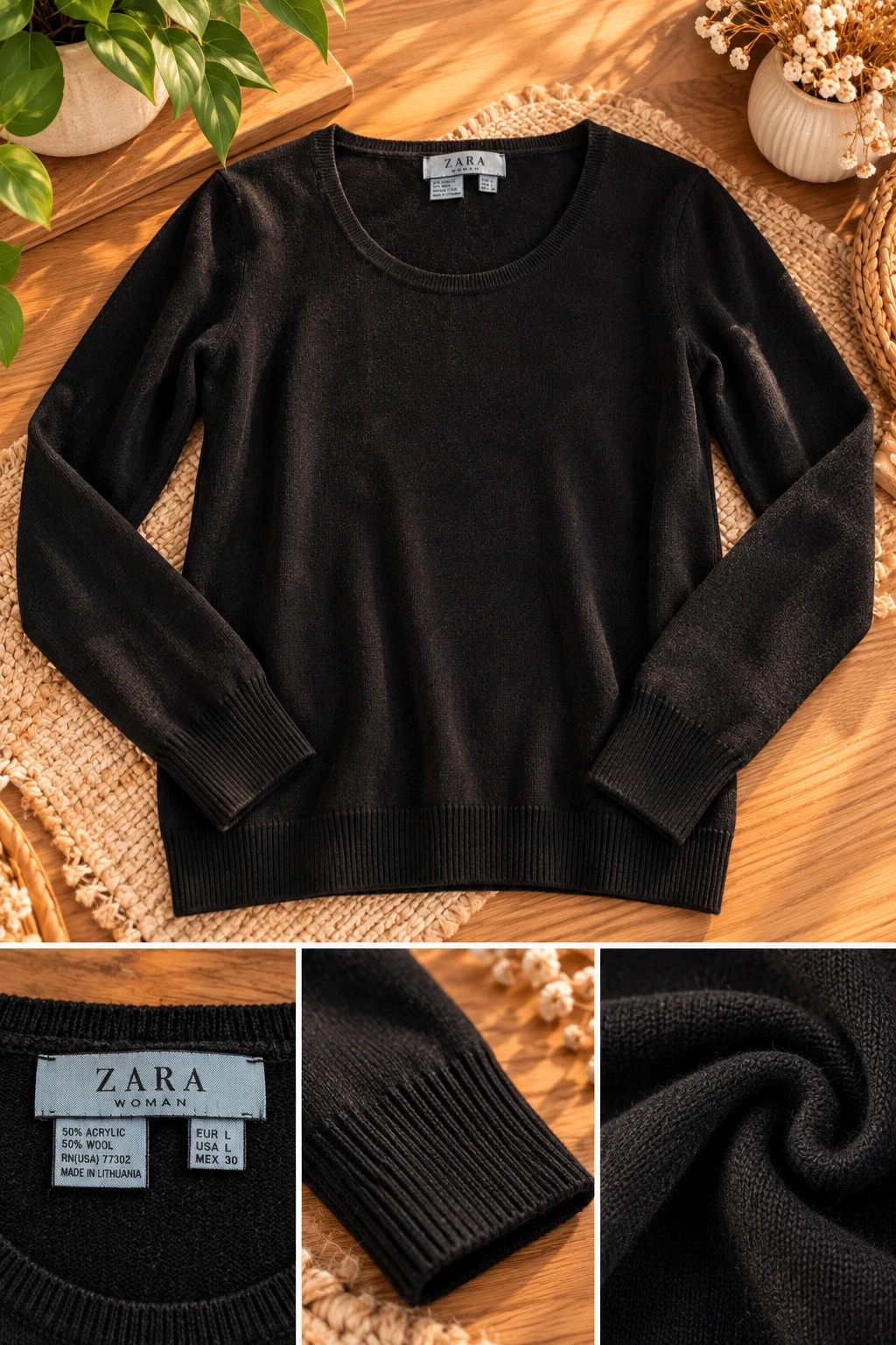 Pull Noir 50% Laine Zara Woman – Taille L (40) – Zara – taille L / 40 / 12 2