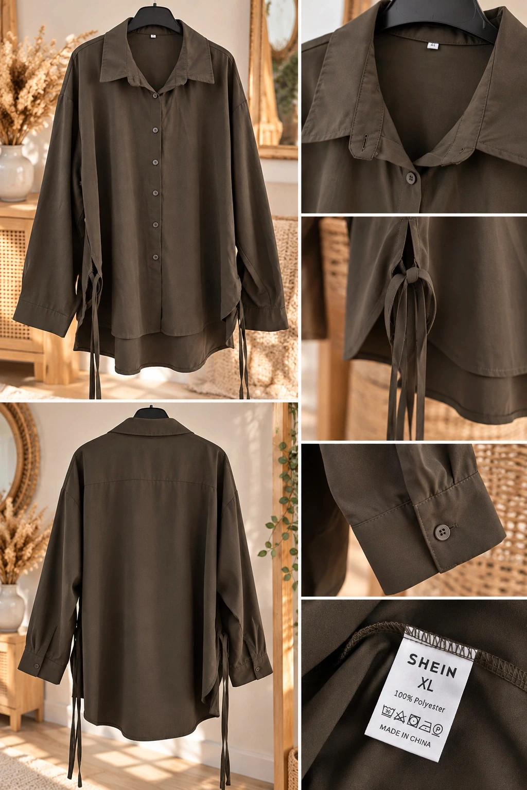 Chemise longue marron kaki avec cordons (SHEIN – Taille XL) – Shein – taille XL / 42 / 14 2