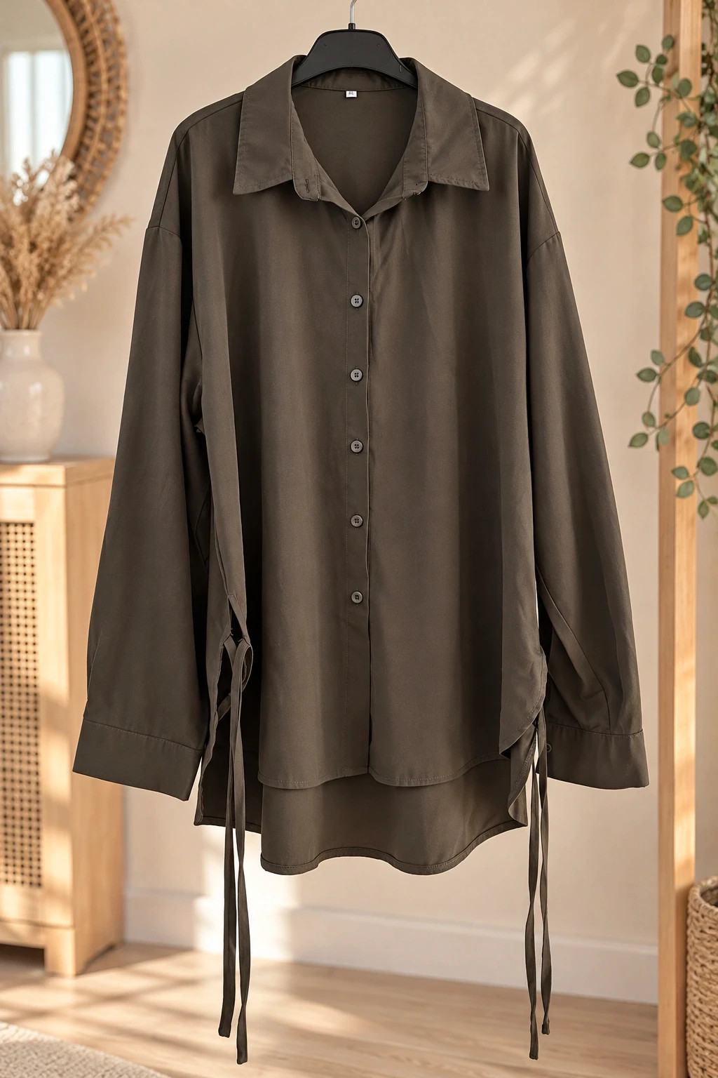 Chemise longue marron kaki avec cordons (SHEIN – Taille XL)