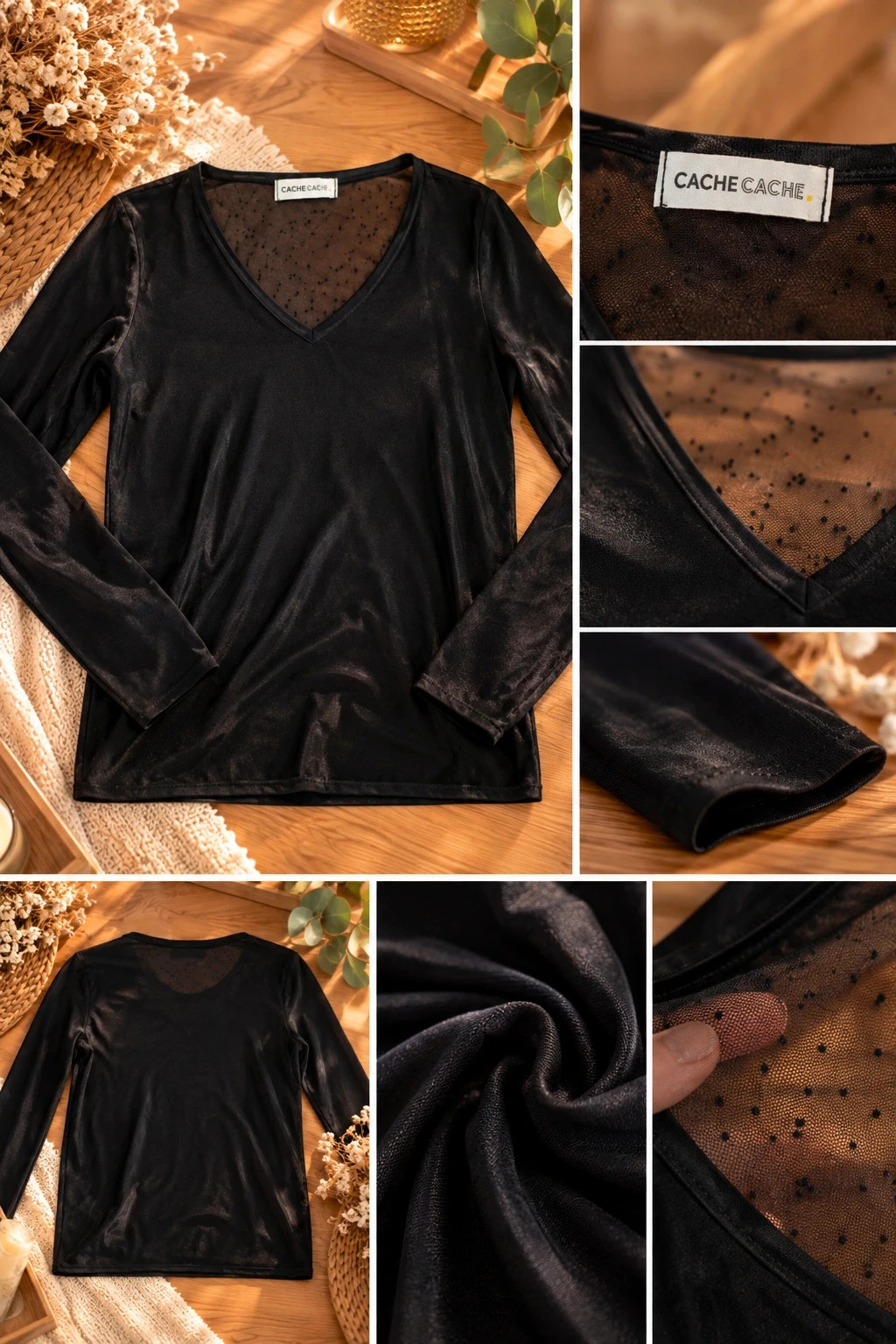 Top Noir Manches Longues Décolleté Tulle Plumetis Cache Cache – Cache Cache – taille S / 36 / 8 2