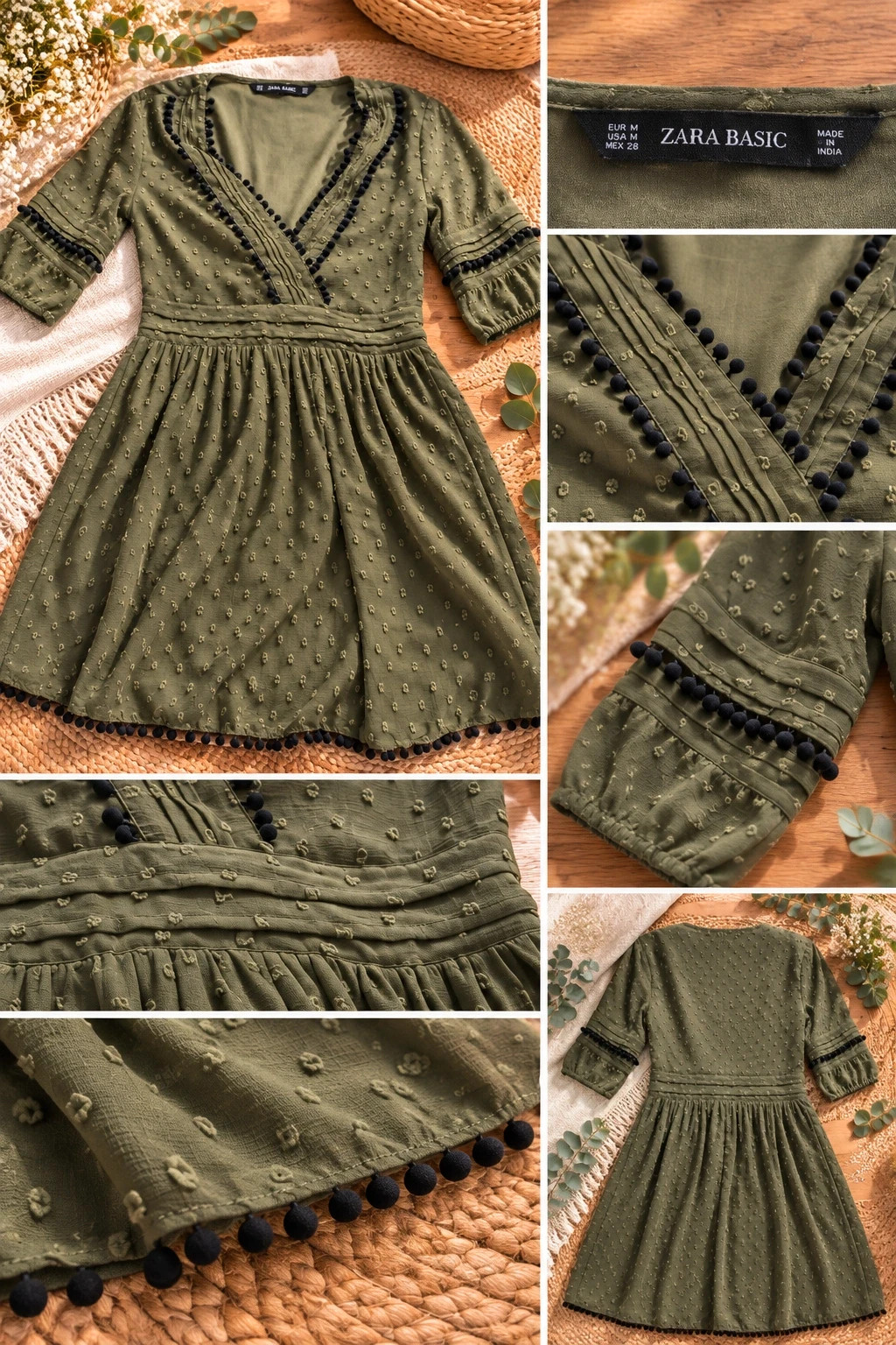 Robe fluide kaki Zara Basic – Détails pompons – Taille M – Zara – taille M / 38 / 10 2