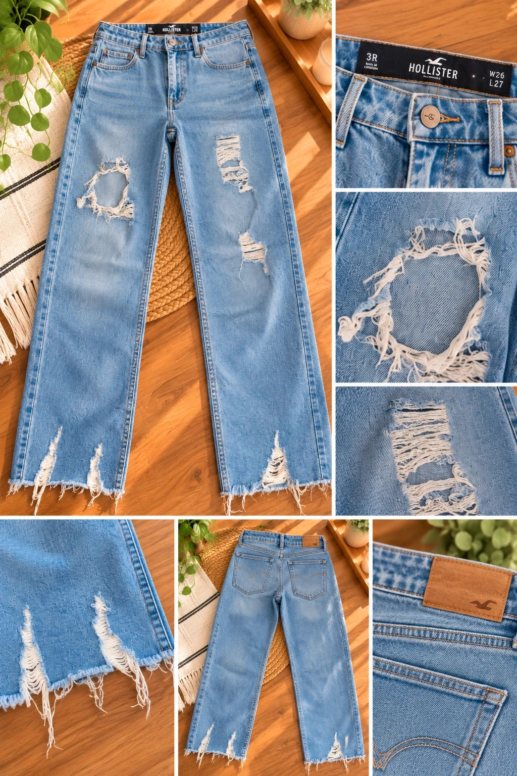 Jean Mom déchiré Hollister – Bleu Clair – W26 / L27 (T34/36) – Hollister – taille XS / 34 / 6 2