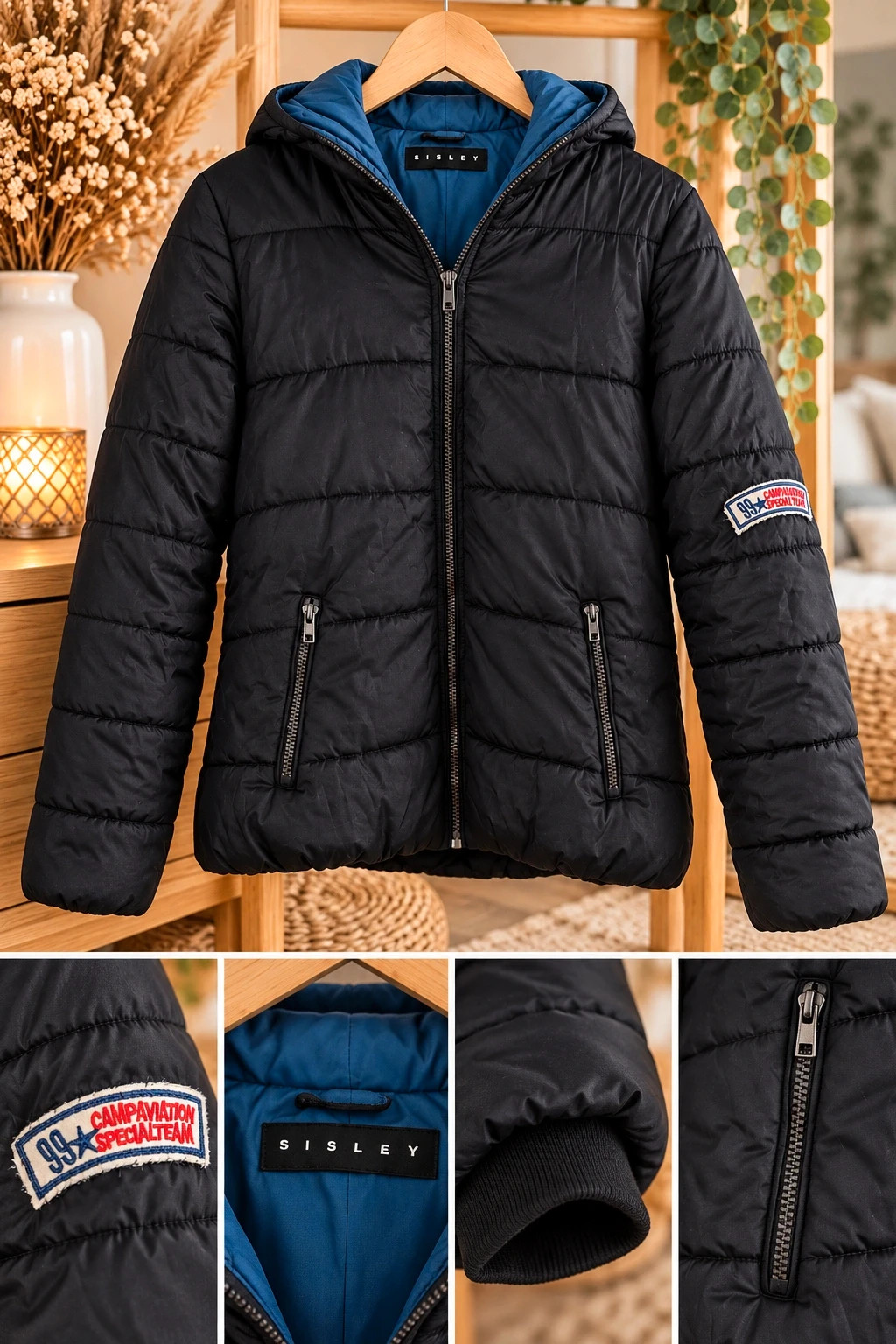 Doudoune noire Sisley – T. 42 🖤💙 – Sisley – taille XL / 42 / 14 2