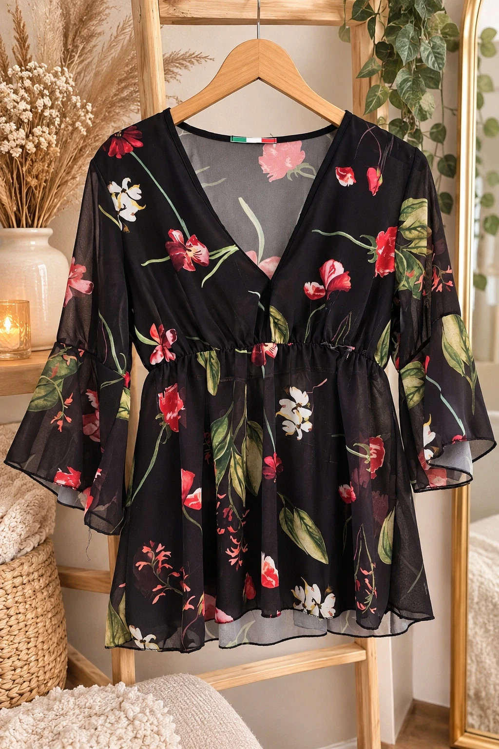 Blouse noire fleurie