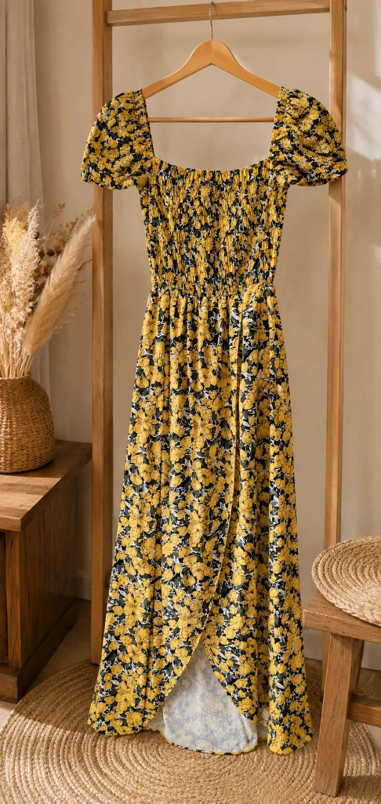Robe longue fleurie jaune & noire