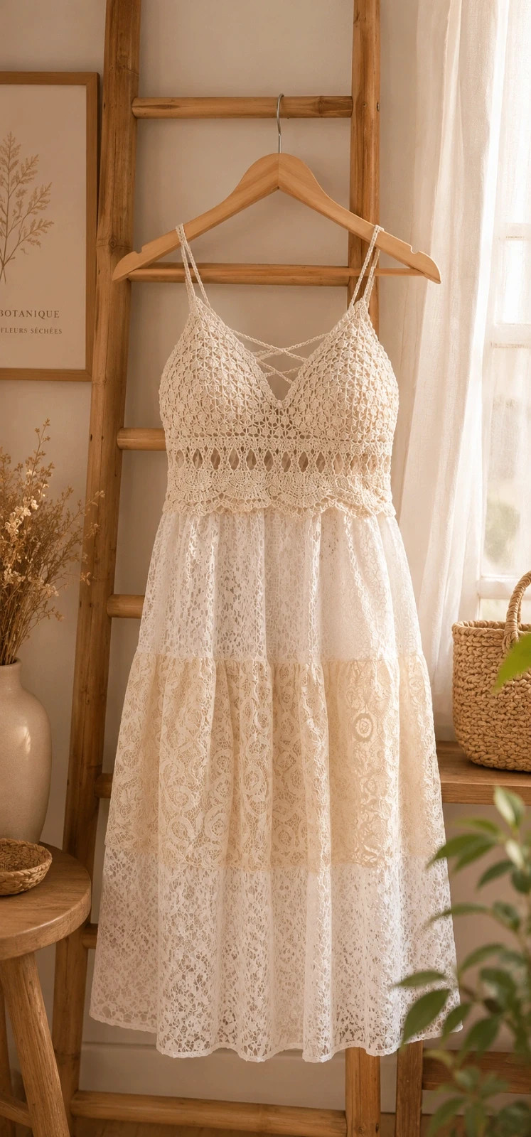 Robe bohème en crochet et dentelle blanche