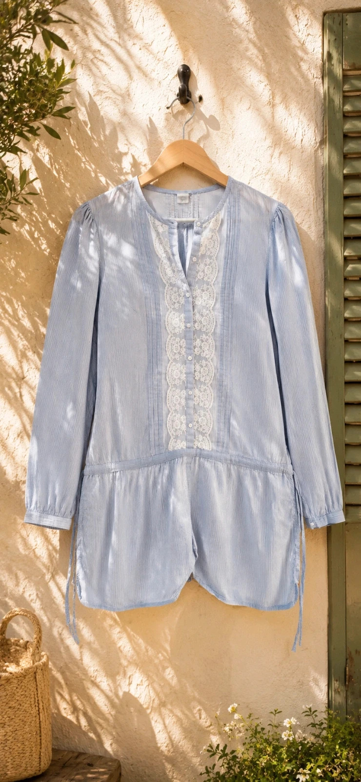 Blouse longue Camaïeu T38 bleu ciel à rayures – dentelle – TBE – Camaïeu – taille M / 38 / 10