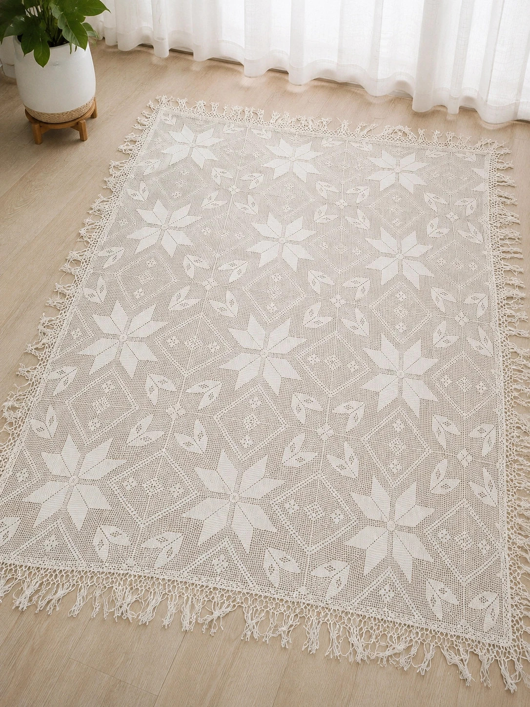 Nappe / jeté en crochet blanc à franges – Boutique Bohéme – taille 150 x 200 cm 2