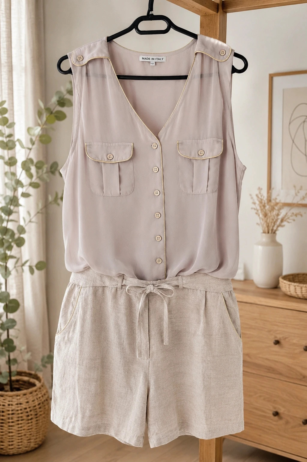 Combishort femme beige poudré et lin – Taille 42