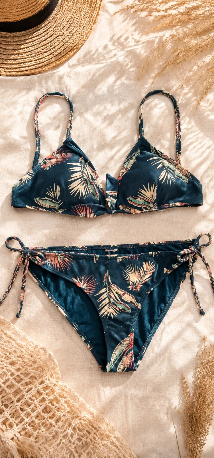 Maillot de bain 2 pièces tropical bleu marine – Taille estimée S