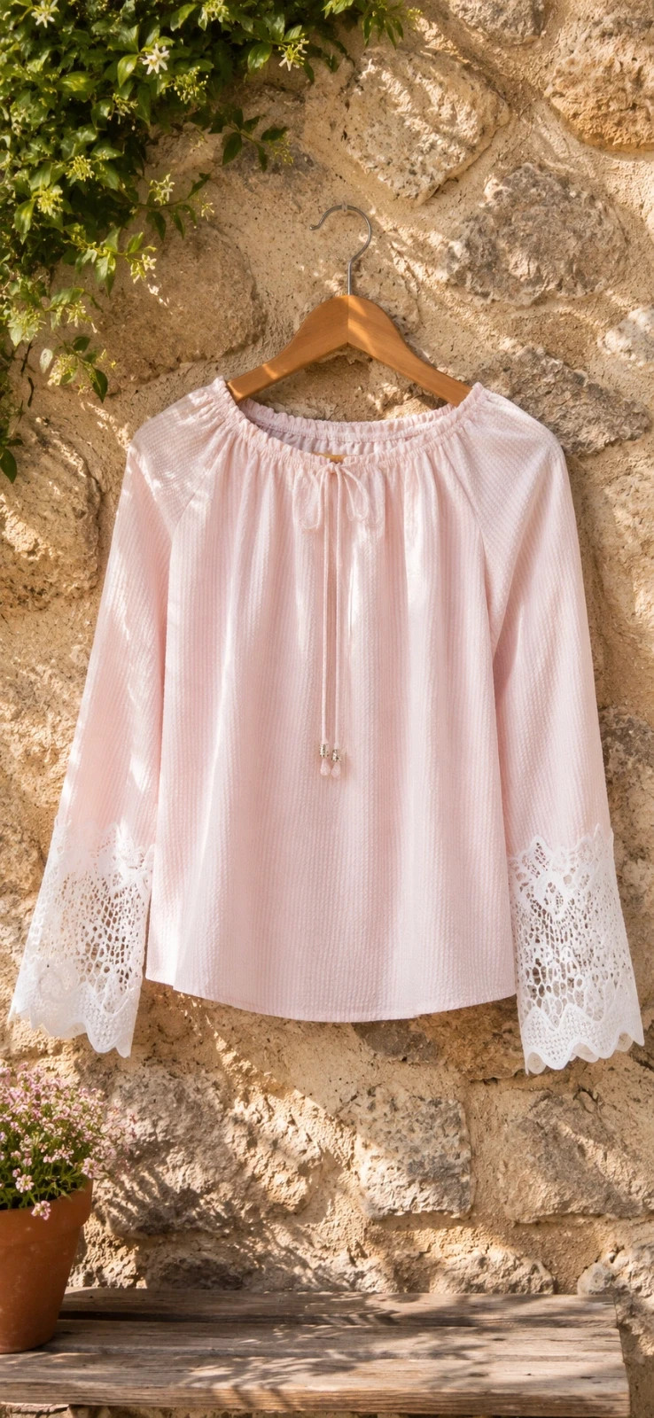Blouse rose poudré à dentelle – Taille 36/38