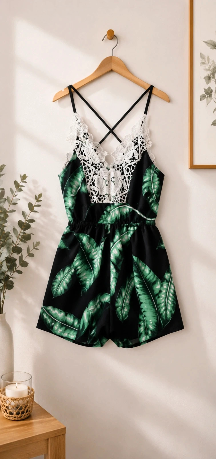 Combishort noir imprimé tropical